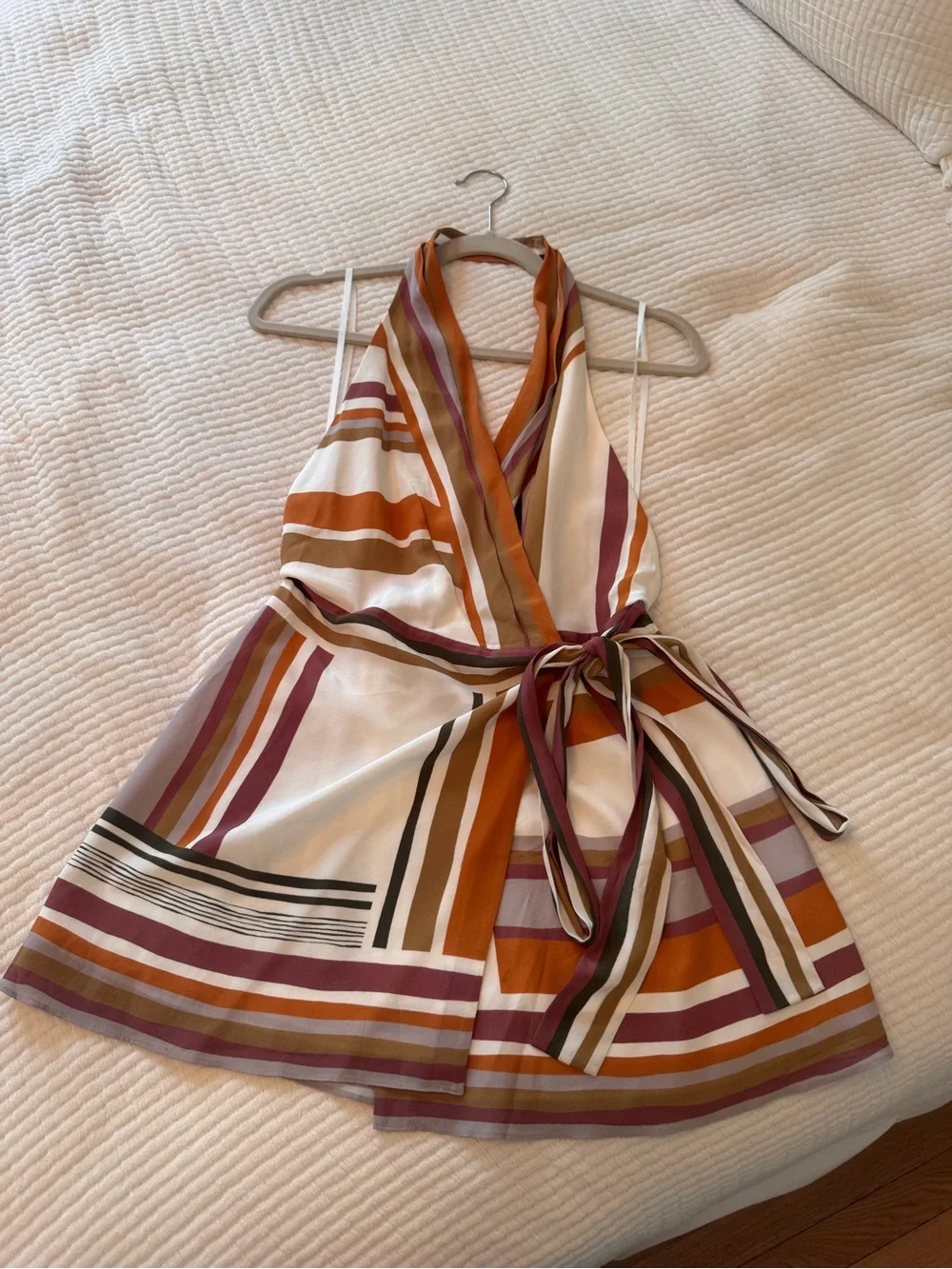 SIR the label Striped Halter Wrap Mini Dress in Rust, Cream & Mauve - Picture 5 of 8